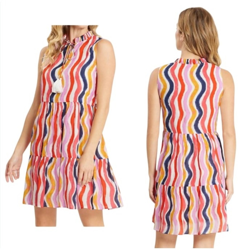 JJude Connally Dress Mariah 100% Cotton Voile Painted Multi Stripe White Pink XL